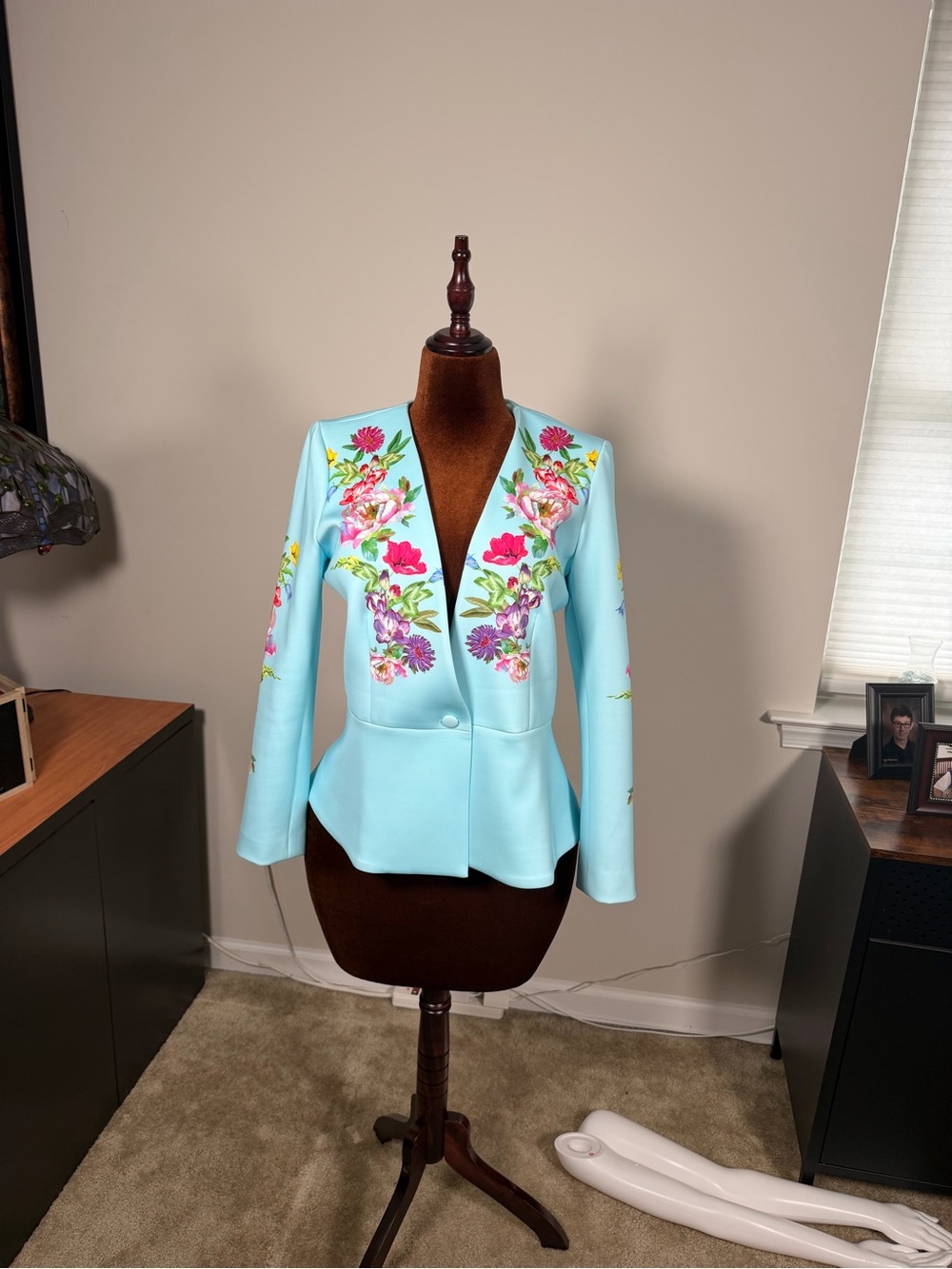 Boston Proper Light Blue Floral Embroidered Blazer
